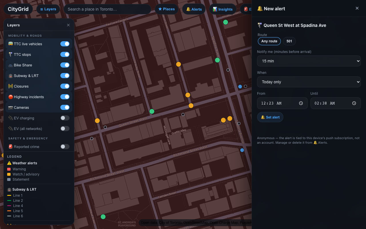 CityGrid alert composer for anonymous transit push notifications