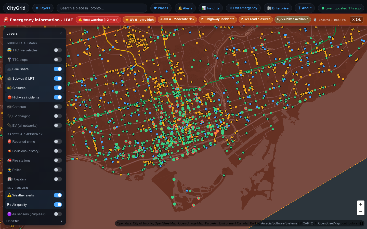 CityGrid live Toronto map with public data layers and an emergency banner