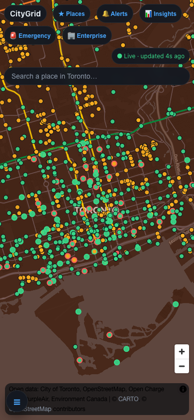 CityGrid mobile layout with controls around the live Toronto map